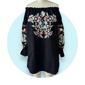Free People Embroidered Off the Shoulder Black Dress